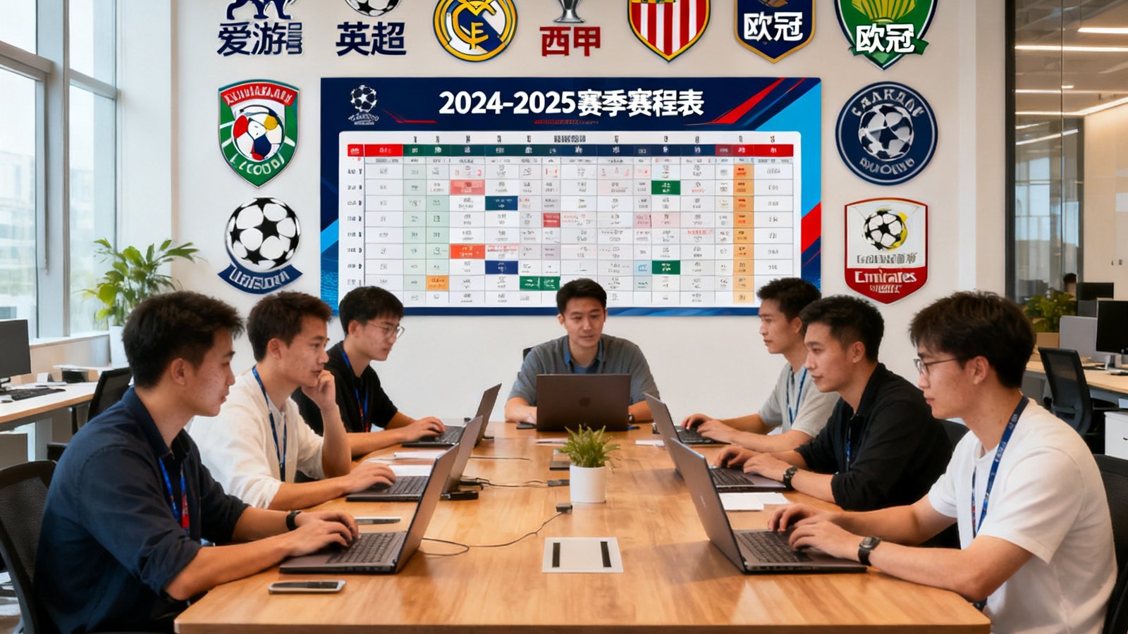 宽敞明亮的开放式办公室内，爱游戏编辑团队成员围坐在长桌旁，使用笔记本电脑讨论体育资讯选题，墙上挂着各大联赛标志和赛程表